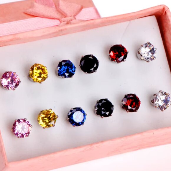 NEW SET OF 6 Multi Color Faceted Solitaire Cut Stone STAINLESS STEEL Earrings - Picture 4 of 7